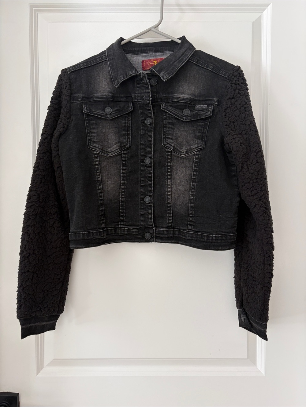 7 For All Mankind Black Cropped Denim Jacket with Sherpa Sleeves